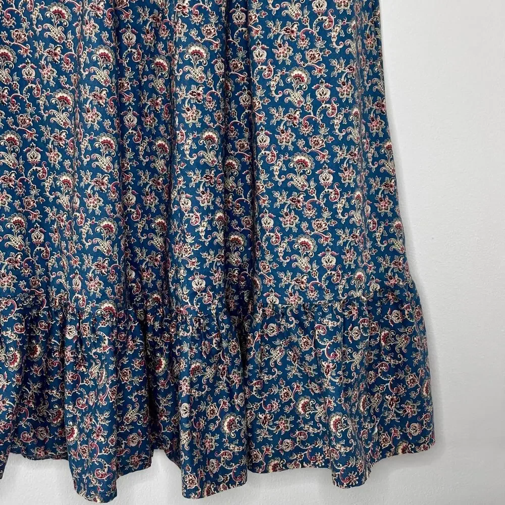 Vintage 1970s Handmade Blue Paisley Chore Skirt Apron Ruffle Pockets Large